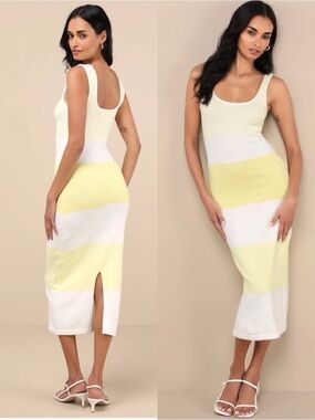 NWT Lulu’s Easily Gorgeous Ivory and Yellow Striped Midi Sweater Dress Large